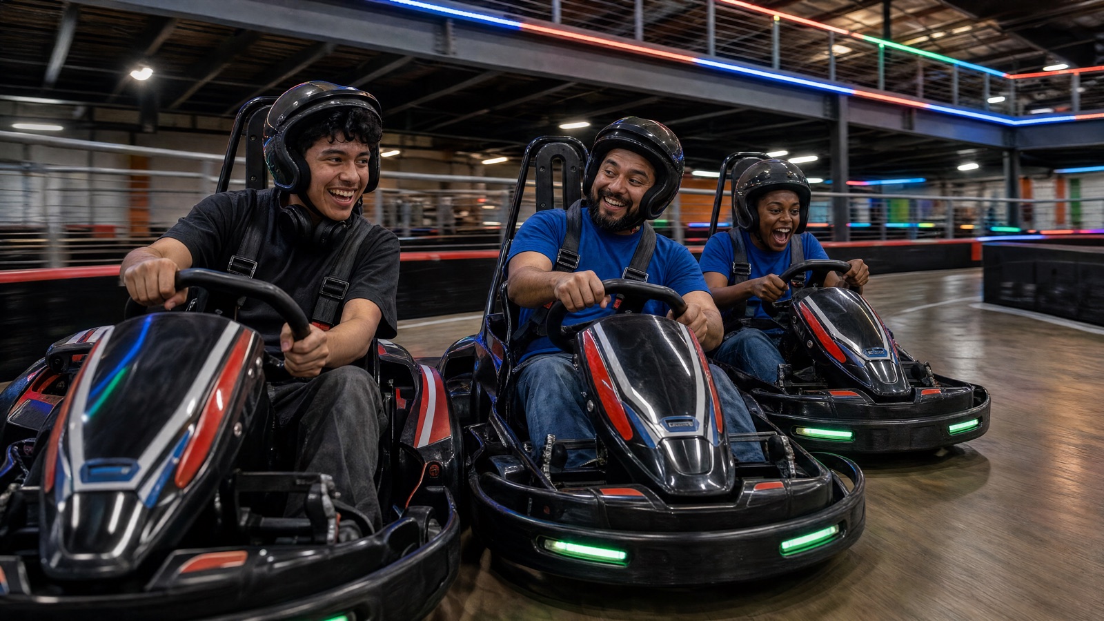 Javi races two of the office team, wheel to wheel