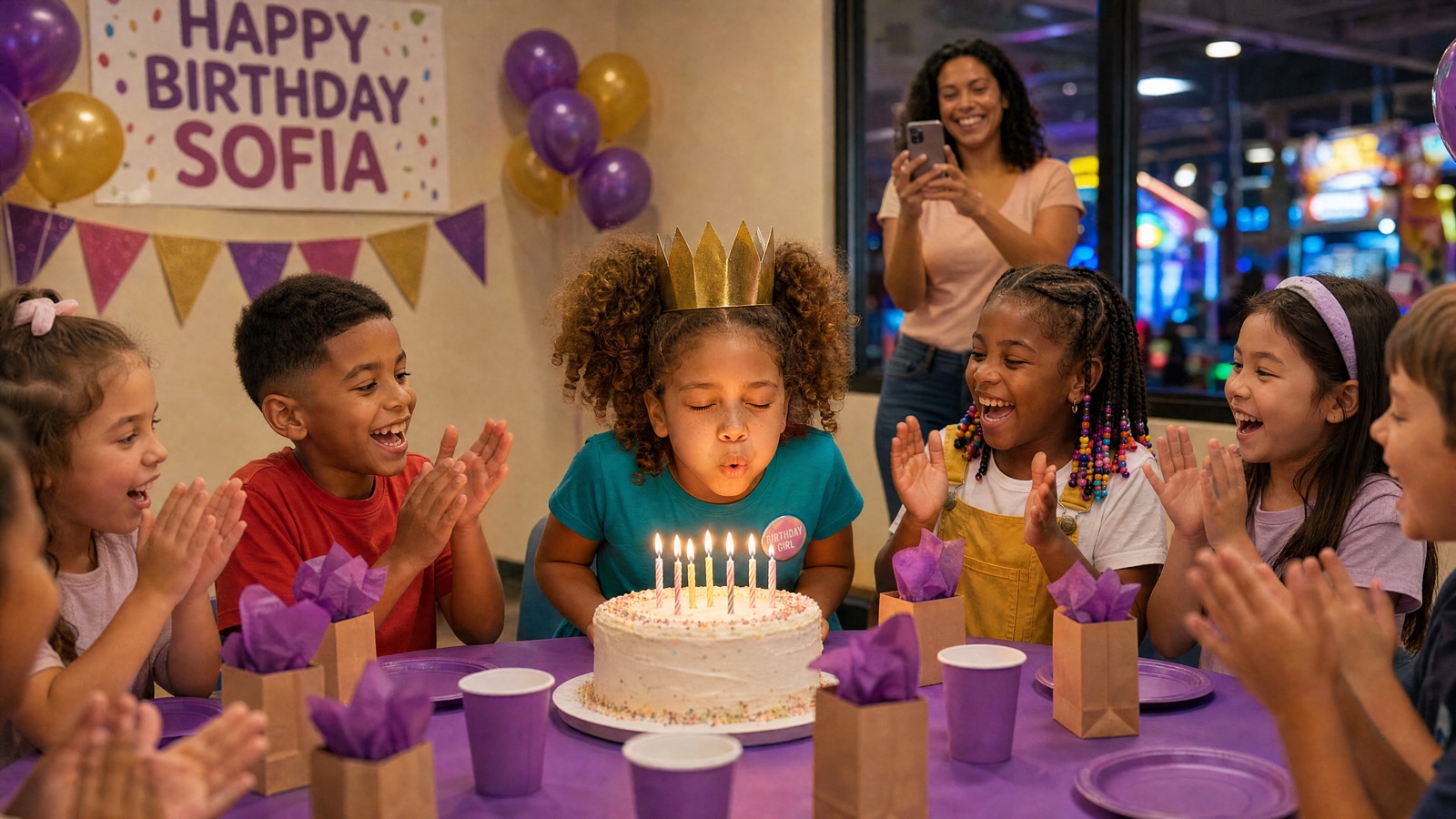 Sofía blows out her candles in the party room